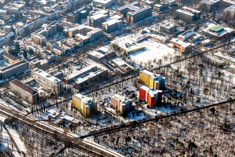 Wintery snow-covered campus - University of Applied Sciences Karlsruhe - Technology and Business and Student Residence Halls in the district Innenstadt-West in Karlsruhe in the state Baden-Wuerttemberg, Germany