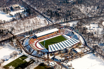 Wintry snowy Football stadium in the snow of the football club Wildparkstadion des KSC in Karlsruhe in the state Baden-Wurttemberg