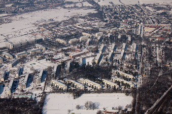 Tennesseeallee in winter with snow in the district Nordstadt in Karlsruhe in the state Baden-Wuerttemberg, Germany out of the air