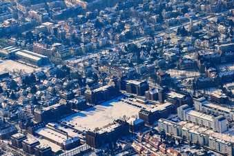 Aerial photograpy of Municipal Hospital Karlsruhe in winter with snow in the district Nordweststadt in Karlsruhe in the state Baden-Wuerttemberg, Germany
