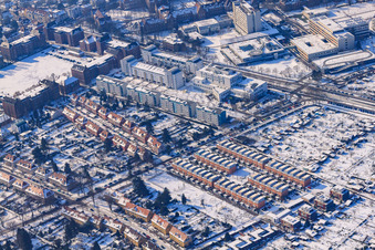 Knielinger Allee and Franzosenwiese in winter with snow in the district Nordstadt in Karlsruhe in the state Baden-Wuerttemberg, Germany