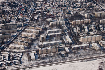 Aerial view of From the east in the district Nordweststadt in Karlsruhe in the state Baden-Wuerttemberg, Germany