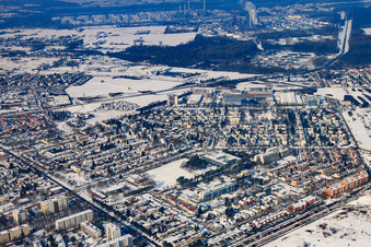 View of the town from the southeast in winter with snow in the district Nordweststadt in Karlsruhe in the state Baden-Wuerttemberg, Germany