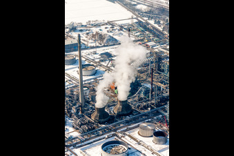 Aerial photograpy of Wintry snowy Refinery equipment and management systems on the factory premises of the mineral oil manufacturers Mineraloelraffinerie Oberrhein in the district Knielingen in Karlsruhe in the state Baden-Wurttemberg, Germany