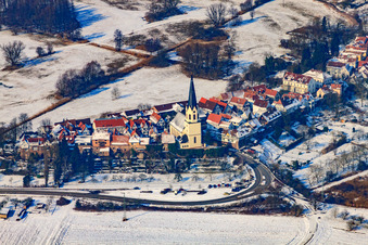 Aerial view of Hinterstädel in winter with snow in Jockgrim in the state Rhineland-Palatinate, Germany