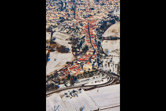 Oblique view of Hinterstädel in winter with snow in Jockgrim in the state Rhineland-Palatinate, Germany
