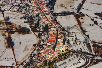 Hinterstädel in winter with snow in Jockgrim in the state Rhineland-Palatinate, Germany from above