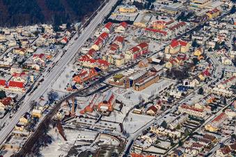 Aerial view of Brickworks Museum and Community Center in winter with snow in Jockgrim in the state Rhineland-Palatinate, Germany