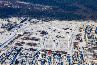 Aerial view of New development area West under development in winter with snow in Jockgrim in the state Rhineland-Palatinate, Germany