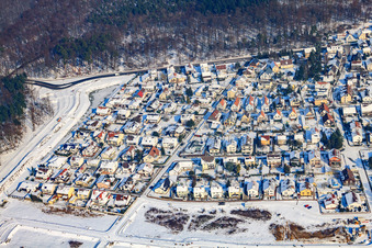 Waldäckerstraße in winter with snow in Jockgrim in the state Rhineland-Palatinate, Germany