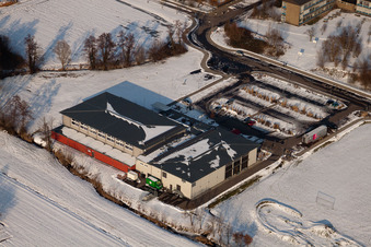 Bienwaldhalle in winter with snow in Kandel in the state Rhineland-Palatinate, Germany