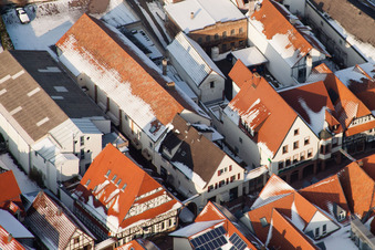 Main street in winter with snow in Kandel in the state Rhineland-Palatinate, Germany from the plane