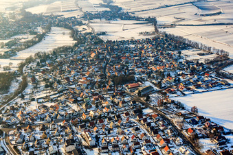 View of the town from the west in winter with snow in the district Billigheim in Billigheim-Ingenheim in the state Rhineland-Palatinate, Germany