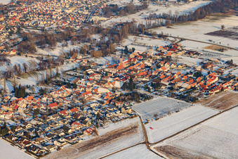 Aerial view of From the southwest in winter when there is snow in the district Mühlhofen in Billigheim-Ingenheim in the state Rhineland-Palatinate, Germany