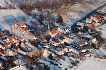 Aerial view of Church in winter in the district Klingen in Heuchelheim-Klingen in the state Rhineland-Palatinate, Germany