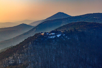 Madenburg castle ruins in winter with snow in Eschbach in the state Rhineland-Palatinate, Germany