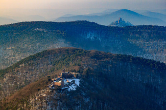 Aerial photograpy of Madenburg castle ruins in winter with snow in Eschbach in the state Rhineland-Palatinate, Germany