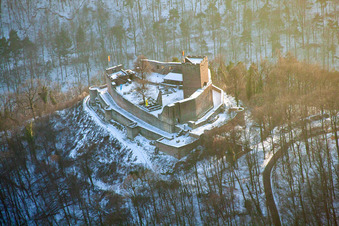 Aerial view of Landeck Ruins in Klingenmünster in the state Rhineland-Palatinate, Germany