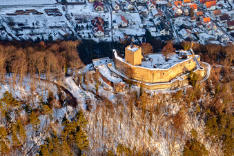 Landeck Ruins in Klingenmünster in the state Rhineland-Palatinate, Germany viewn from the air