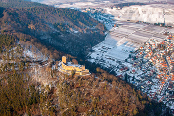 Aerial view of Wintry snowy Ruins and vestiges of the former castle and fortress Burg Landeck in Klingenmuenster in the state Rhineland-Palatinate, Germany
