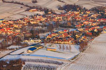 Dierbachhalle and sports fields in winter when there is snow in Dierbach in the state Rhineland-Palatinate, Germany