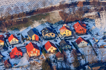 Aerial view of Kirchgasse in winter with snow in Dierbach in the state Rhineland-Palatinate, Germany