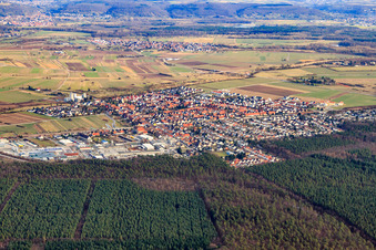 View of the town from the northeast with the industrial area at the train station in the district Friedrichstal in Stutensee in the state Baden-Wuerttemberg, Germany