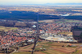 The railway line separates Neudorf in the district Graben in Graben-Neudorf in the state Baden-Wuerttemberg, Germany