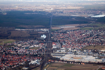 Aerial view of Town View of the streets and houses of the residential areas in Graben-Neudorf in the state Baden-Wurttemberg