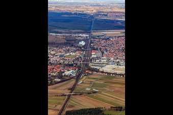 Aerial view of The railway line separates Neudorf in the district Graben in Graben-Neudorf in the state Baden-Wuerttemberg, Germany