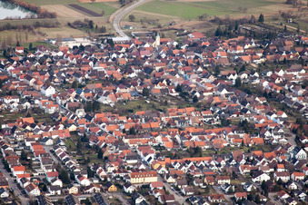 Aerial view of From the west in the district Spöck in Stutensee in the state Baden-Wuerttemberg, Germany