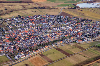 View of the town from the west with St. Sebastian Church in the district Neuthard in Karlsdorf-Neuthard in the state Baden-Wuerttemberg, Germany