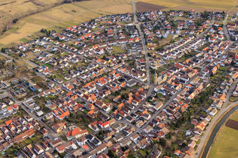 Aerial photograpy of View of the town from the west with St. Sebastian Church in the district Neuthard in Karlsdorf-Neuthard in the state Baden-Wuerttemberg, Germany