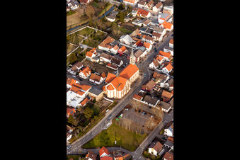 Aerial view of Church building in the village of in Karlsdorf-Neuthard in the state Baden-Wurttemberg, Germany