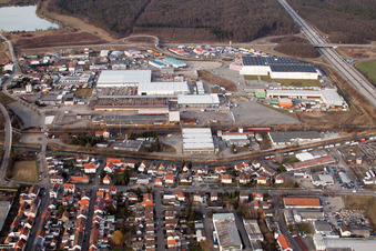 Aerial view of Industrial area on the highway in the district Karlsdorf in Karlsdorf-Neuthard in the state Baden-Wuerttemberg, Germany