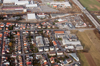Aerial photograpy of Industrial area on the highway in the district Karlsdorf in Karlsdorf-Neuthard in the state Baden-Wuerttemberg, Germany