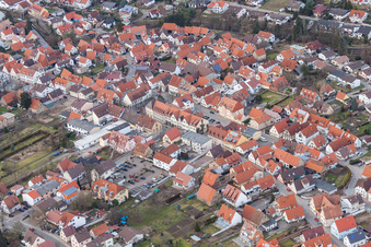 Aerial view of Town View of the streets and houses of the residential areas in the district Mingolsheim in Bad Schoenborn in the state Baden-Wurttemberg