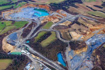 Aerial photograpy of Nussloch quarry with blue water in Nußloch in the state Baden-Wuerttemberg, Germany