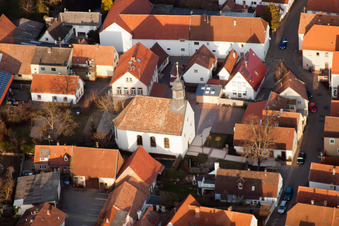 Aerial view of Protestant Church and Kindergarten 2 in the district Dammheim in Landau in der Pfalz in the state Rhineland-Palatinate, Germany