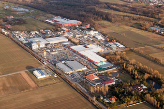 Aerial photograpy of Bruchwiesenstraße industrial area with Hornbach hardware store in the district Dreihof in Bornheim in the state Rhineland-Palatinate, Germany