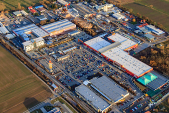 Aerial view of Hornbach DIY store in the industrial area of BORNHEIM in Bornheim in the state Rhineland-Palatinate, Germany
