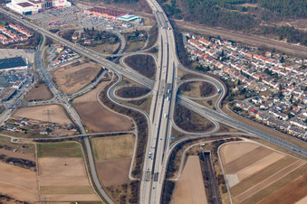 Routing and traffic lanes during the highway exit and access the motorway A 6 to the B36 in Schwetzingen in the state Baden-Wurttemberg, Germany