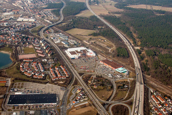 Industrial estate and company settlement Moebel Hoeffner and Hornbach Schwetzingen in Schwetzingen in the state Baden-Wurttemberg, Germany