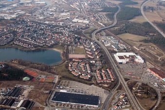 Aerial photograpy of Rheinauer See in the district Rheinau in Mannheim in the state Baden-Wuerttemberg, Germany