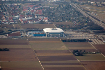 Aerial photograpy of SAP Arena in the district Hochstätt in Mannheim in the state Baden-Wuerttemberg, Germany