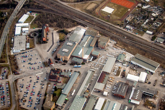 Aerial view of Industrial and commercial area of FRIATEC Aktiengesellschaft in the district Friedrichsfeld in Mannheim in the state Baden-Wurttemberg, Germany