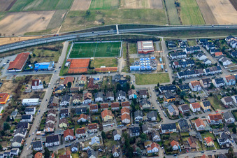 Aerial view of Sports fields at the Hirschacker Primary School in Schwetzingen in the state Baden-Wuerttemberg, Germany