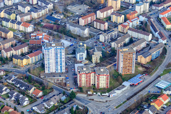 High-rise residential buildings at the corner of Friedrichsfelder Straße and Mannheimer Landstraße in Schwetzingen in the state Baden-Wuerttemberg, Germany