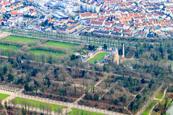 Drone image of Mosque in the Schwetzingen Palace Gardens in Schwetzingen in the state Baden-Wuerttemberg, Germany