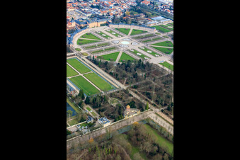 Aerial photograpy of Rondell in the Arion Fountain in the Schwetzingen Palace Park in Schwetzingen in the state Baden-Wuerttemberg, Germany